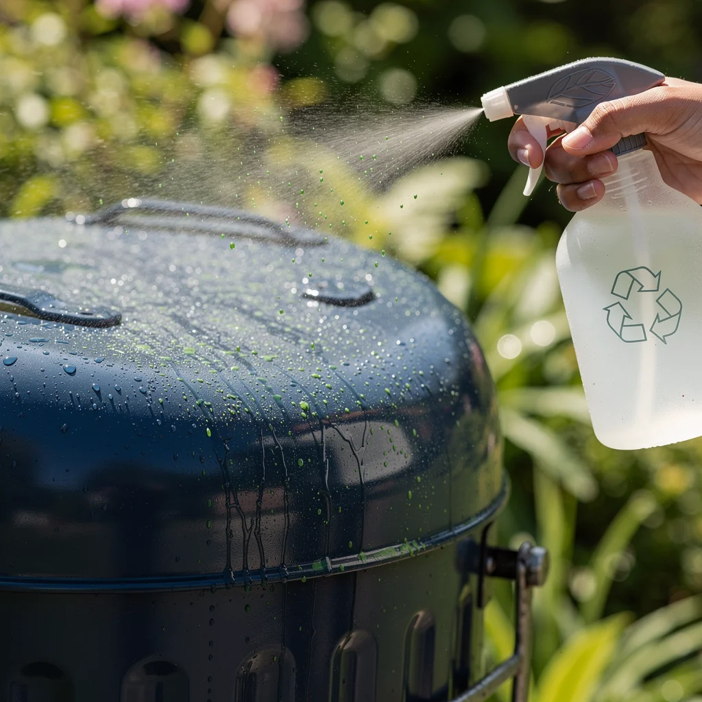Sanitizing spray being applied to a clean bin
