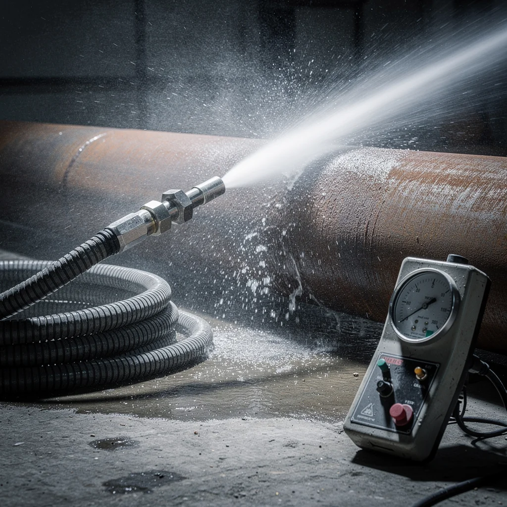 High pressure water cleaning inside a trash bin