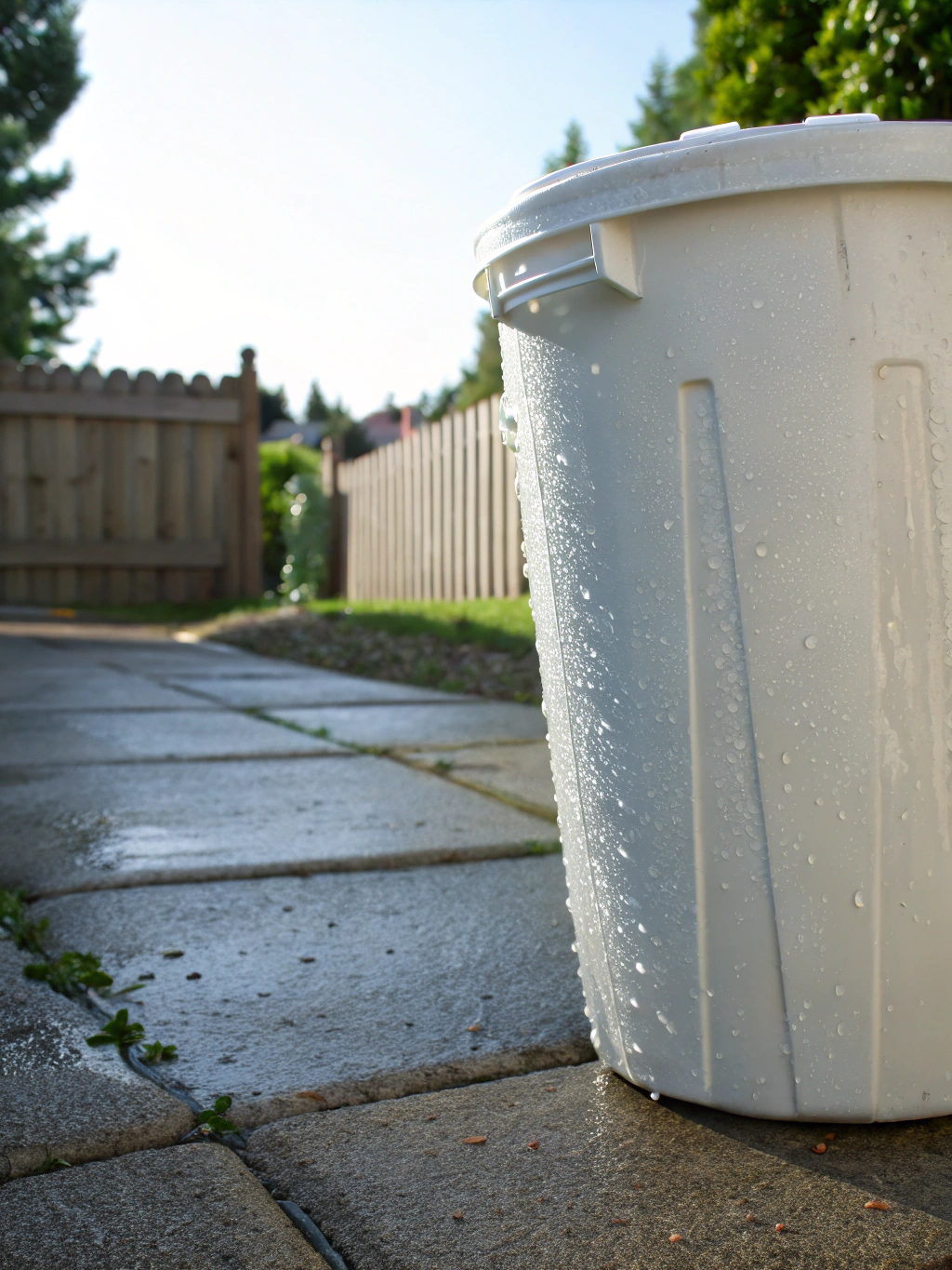 Standard full-sized residential trash cans on the curb